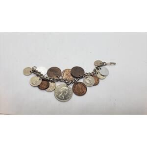 Vintage Coin Charm Bracelet Souvenir Mixed Coins Queen Elizabeth Regina Collect